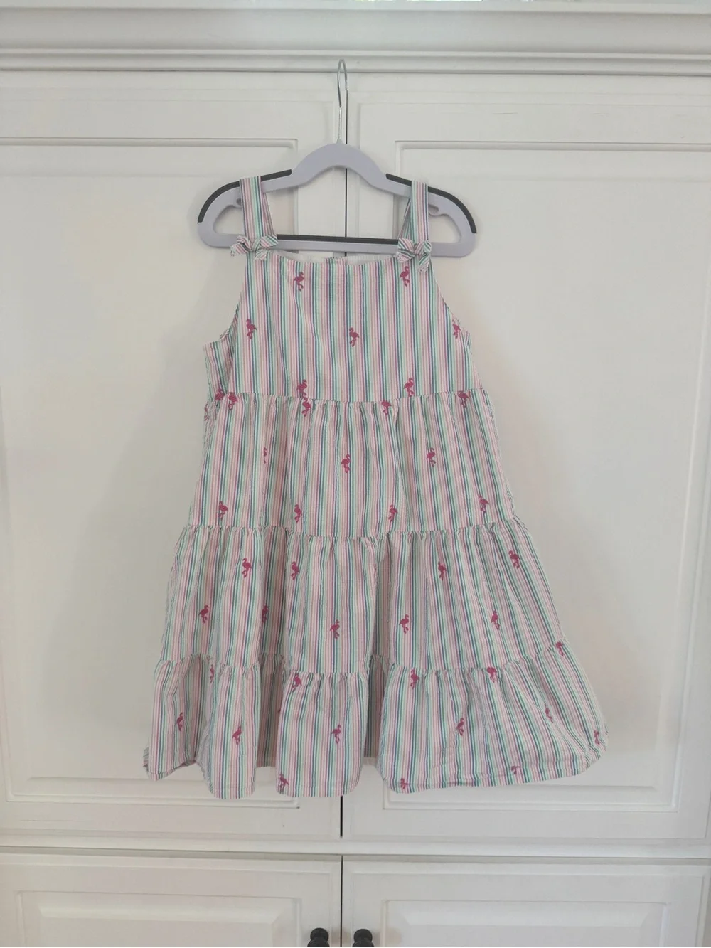 Gymboree Seaside Palms Embroidered Flamingo Seersucker Tiered Dress, Size 10